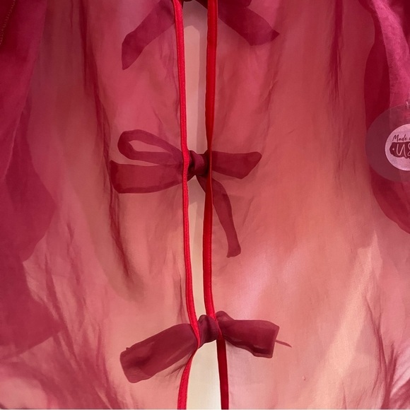 Anthropologie Eva Franco Silk Organza Deep Red Sheer Blouse Balloon Sleeves Sz M - Picture 8 of 12